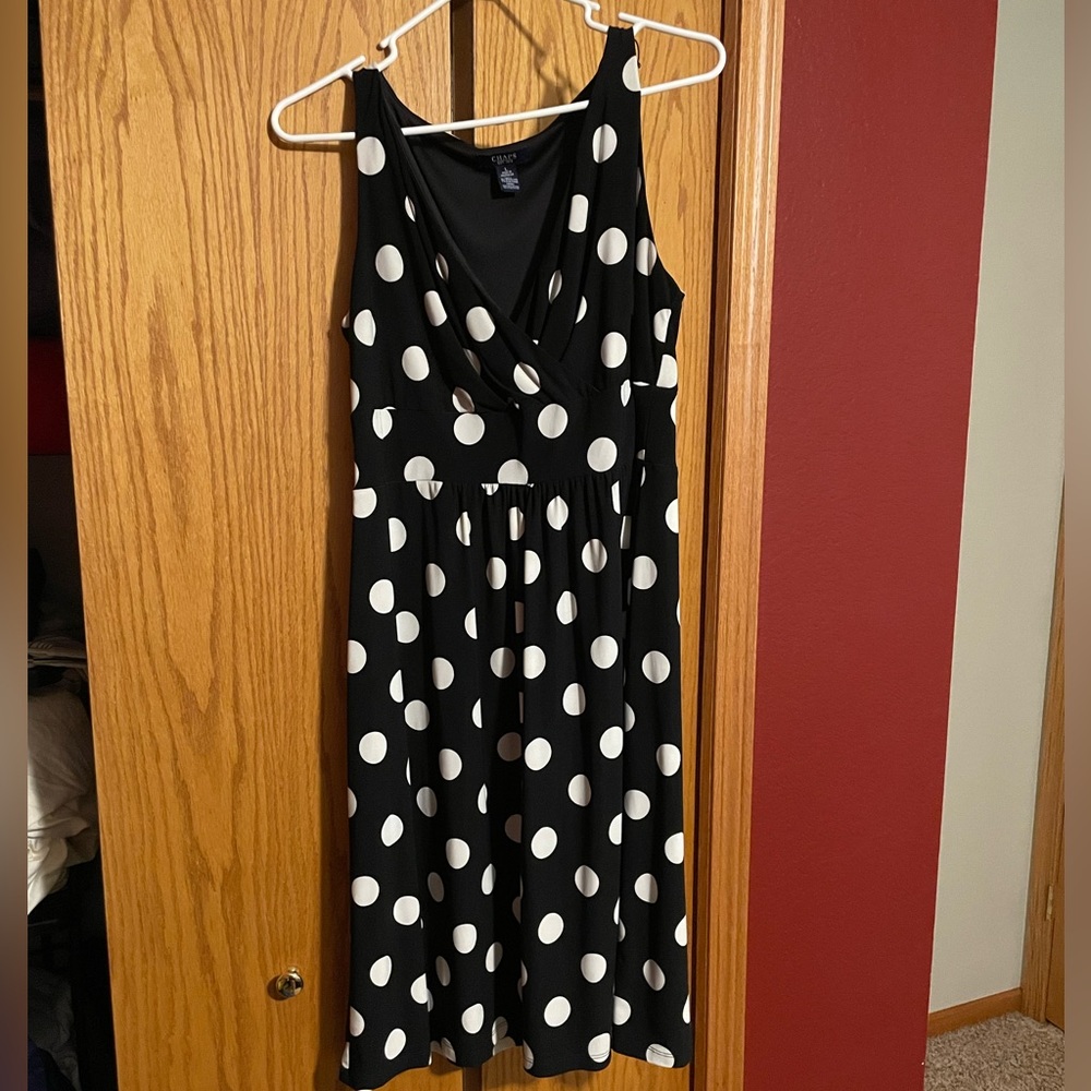 Chaps Black and White Polka Dot Cross Bodice Sleeveless Dress L